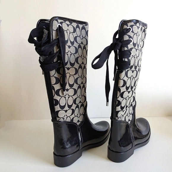 Coach Tristee Black Khaki Monogram Knee-High Rain Boots Corset Lacing - sz 8 - Picture 3 of 13